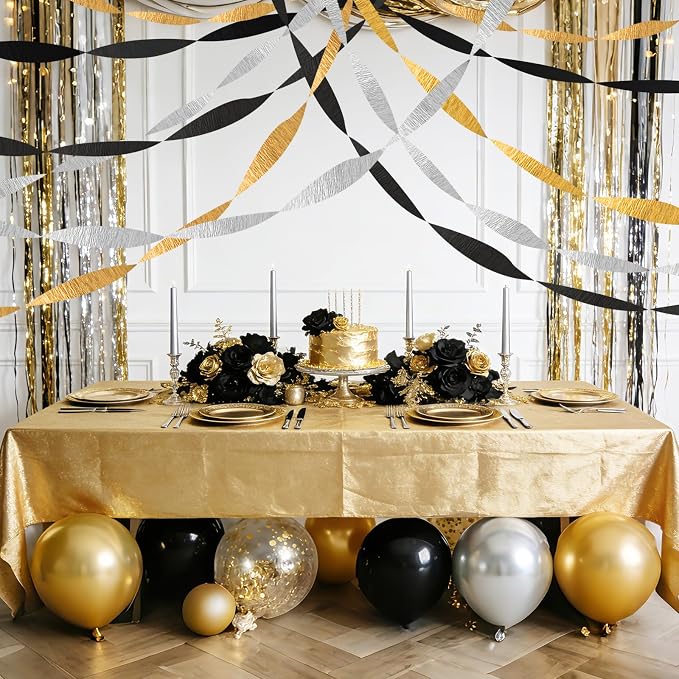 AOYOO Crepe Paper Streamers, 6 Rolls Black Gold and Silver Party Streamers, Premium Black and Gold Party Decorations for Birthday, New Years Eve, Wedding and Graduation Supplies