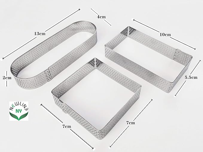 NewlineNY Stainless Steel 6 Pcs Perforated Oval, Rectangular, Square Tart Rings Molding Plating: 2 of each (5" x 1.5") + (4" x 1.5") + (2.8" square) x (0.8" H) Sizes