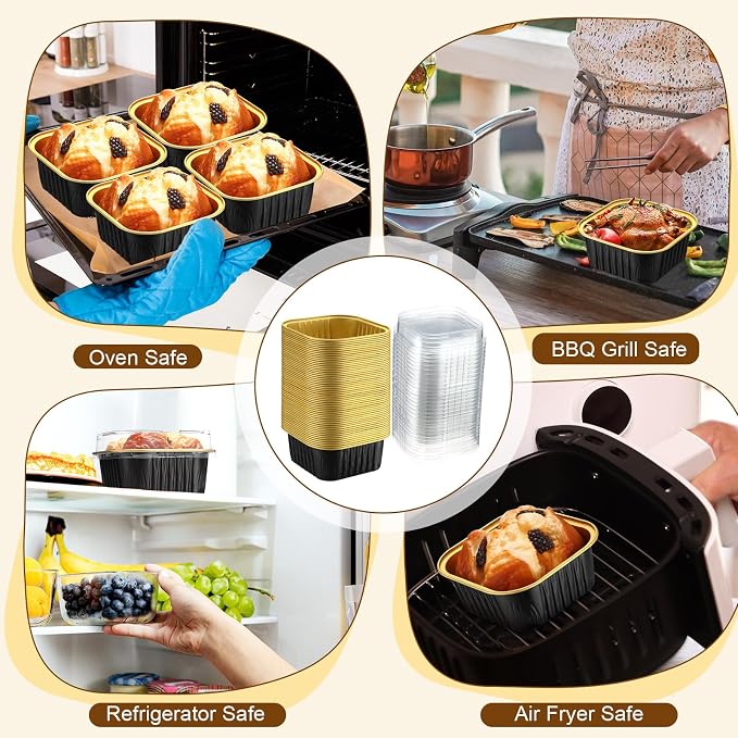 200 Pack 5 oz Mini Cake Pans with Lid, Aluminum Foil Mini Baking Tins, Square Disposable Cupcake Baking Cup Dessert Container for Wedding Birthday Party Picnic(Black, Classic)