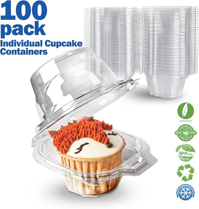 100 Packs Individual Cupcake Containers Stackable Single Compartment Cupcake Disposable Carrier Holder Box Deep Dome Clear Plastic BPA-free (100 PCs)