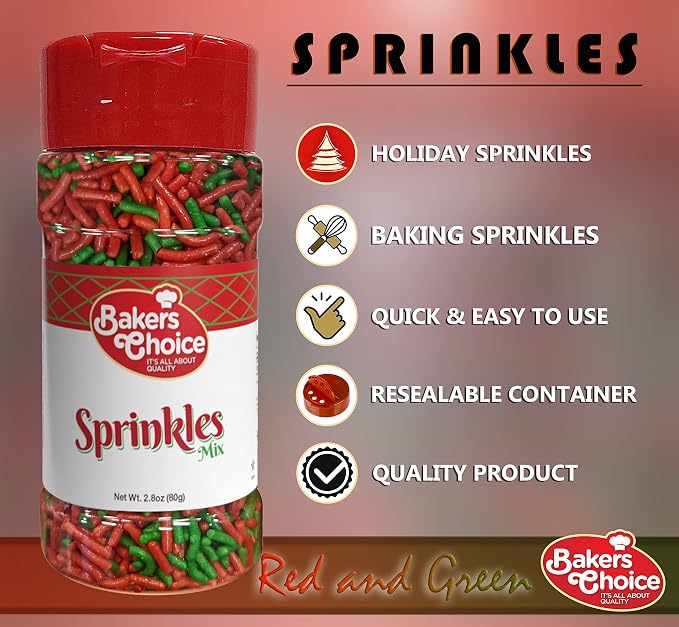 Baker's Choice Christmas Sprinkles For Baking - Sprinkles - Christmas Jimmies Sprinkles for Cookie Decorating - Dairy Free, Kosher 2.8 oz., Red & Green