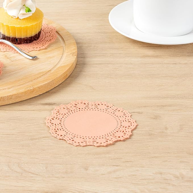 Pastry Tek 4 x 4 Inch Paper Lace Doilies, 4000 Disposable Table Doilies - Elegant Lace Finish, Long Lasting, Coral Paper Doily, for Pastries, Cupcakes, Desserts - Restaurantware