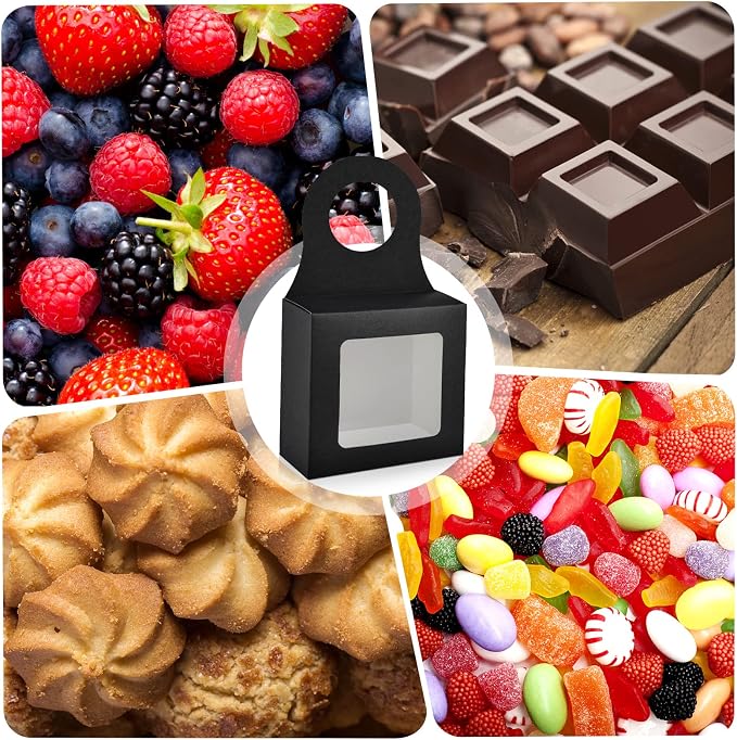 Mototo 30 PCS Kraft Paper Wine Bottle Boxes with Transparent Window Hanger Foldable Wine Bottle Empty Gift Boxes with Hanger for Valentines Christmas Candy Truffles Chocolate Cookies Packing, Black