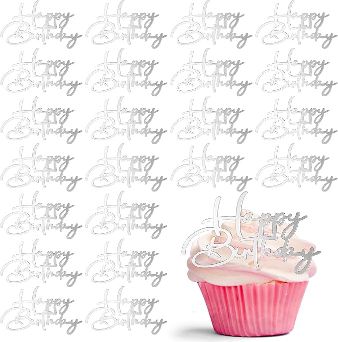 Weysat 30 Pcs Silver Mirror Acrylic Cupcake Toppers Happy Birthday Cake Decorations for Birthday Party Cupcake Toppers