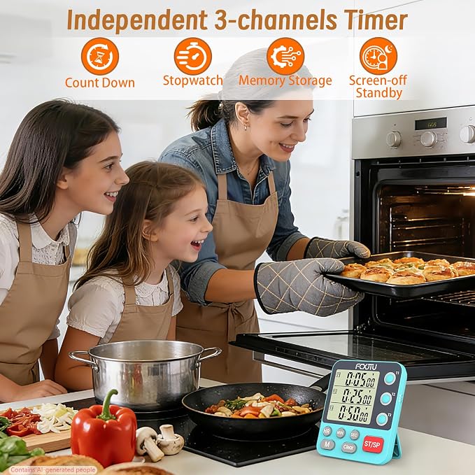 Digital Dual Triple Kitchen Timer, 3 Channels Magnetic Countdown Stopwatch Timer for Cooking, Loud Alarm Large Display Multi Food Memory Timer for Seniors & Teachers Battery Included (Blue)