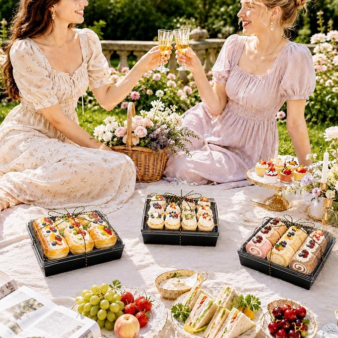 7 x 7 x 2.6 Inches Large Charcuterie Boxes with Clear Lids, 50 Pack Disposable Square Black Bakery Boxes, To Go Paper Food Container for Cake Slices, Sandwiches, Cookies, Dessert