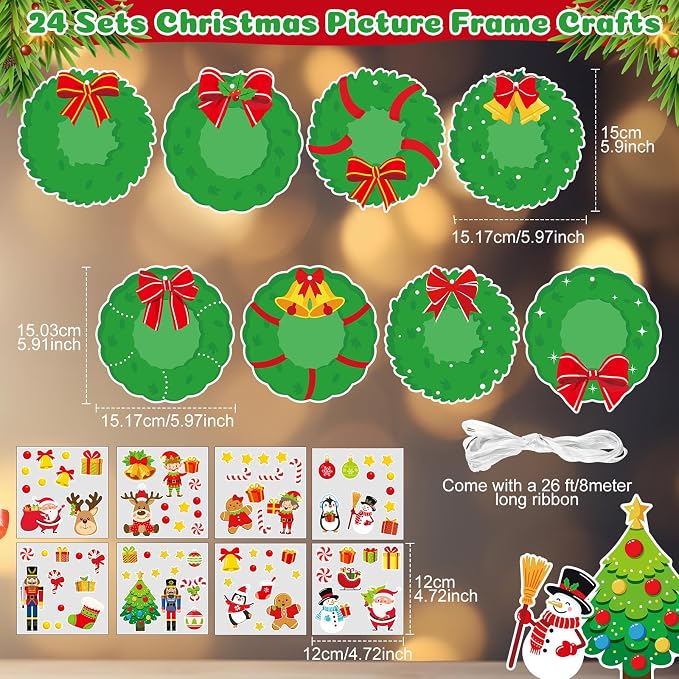 Dianelhall 24 Sets Christmas Picture Frame Craft Kit Xmas Wreath Photo Crafts Christmas Picture Frames Gift with Santa Stickers for Classroom Xmas Holiday Party Activities(Wreath)