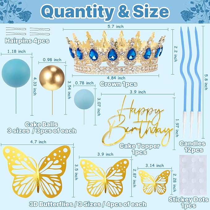 Crown Cake Topper, Blue & Gold Crown Balls Happy Birthday Cake Toppers Candles Butterfly, Corona Para Pastel, Crown Cake Decorations for Women Queen Princess Party (Gold, Sky Blue)