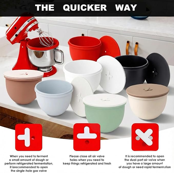 3-Pack Silicone Bowl Liners with Lids for KitchenAid 5-Qt Tilt-Head Bowls Only, 2mm Extra-Thick Premium Silicone, Built-In Air Vents for Dough Proofing, Dishwasher Safe, BPA-Free