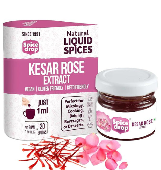 Spice Drop Saffron Rose Extract – Kashmiri Saffron & Rose Essence for Beverages & Desserts – Instant Mixing, No Added Sugar or Preservatives – Gluten-Free & Non-GMO – 20ml