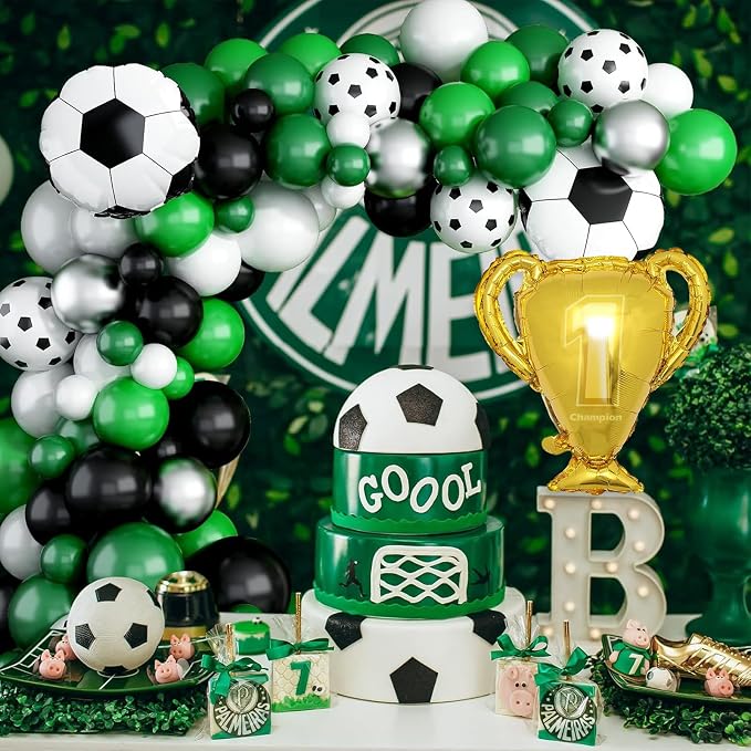 Soccer Balloon Arch Kit Boys, Green Balloon Arch Kit with Football Trophy Balloons Dark Green Black White Latex Balloon Metallic Silver Balloon for Baby Shower Birthday Soccer Party Decorations