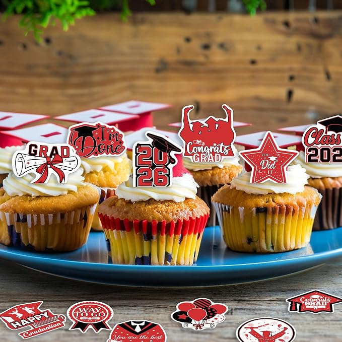 48pcs Edible 2026 Graduation Cupcake Toppers Wafer Paper Red Class of 2026 Cake Decorations Edible Congrats Grad Cupcake Picks for 2026 Graduation Theme Party Cake Supplies