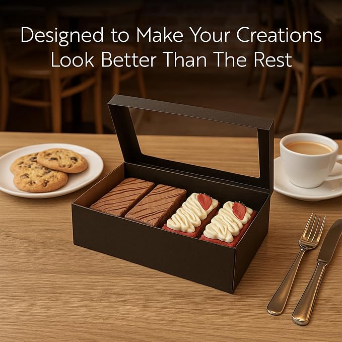 Restaurantware Cater Tek 17.9 x 12.3 x 3.2 Inch Baked Goods Boxes 10 Greaseproof Pastry Boxes - Window Lids Insert Tab Lock Black Paper Catering Boxes Easy Assembly For Charcuterie Or Cupcakes