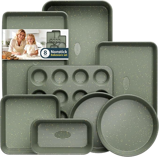 8-Piece Nonstick Bakeware Set, Stackable Oven Pan Set Includes Baking Sheet, Muffin Pan, Cake Pan, Square Pan, Loaf Pan, Cookie Sheet & Cooling Rack (Ceramic Coated Green)
