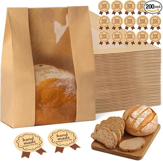 FUNFERY 200 Pcs Sourdough Bread Bags for Home Made Bread Sourdough,Large Paper Bags for Breads Gifting with Window&Cute Stickers,Loaf Bags for Bakery Packaging and Storage,Sourdough Starter Kit