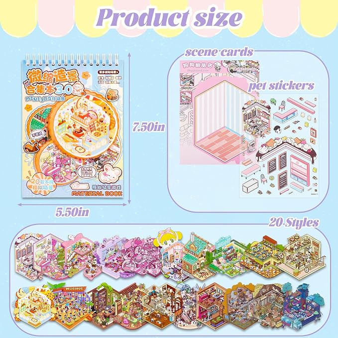 20 Sets DIY 3D Sticker Scene Collection Book DIY 3D House Stickers Make Your Own Sticker Therapy Cute Cartoon Stickers Scenes for Relief Stress Pass The Time (Blue - 20 Sets)