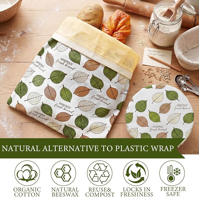 2 Pack Reusable Beeswax Bread Bags for Homemade Sourdough XL 17x13 Inch Beeswax Bread Bags for Storage Large Linen Bowl Cover Keeping Fresh Longer Safe Storage(Bodhi Leaf)
