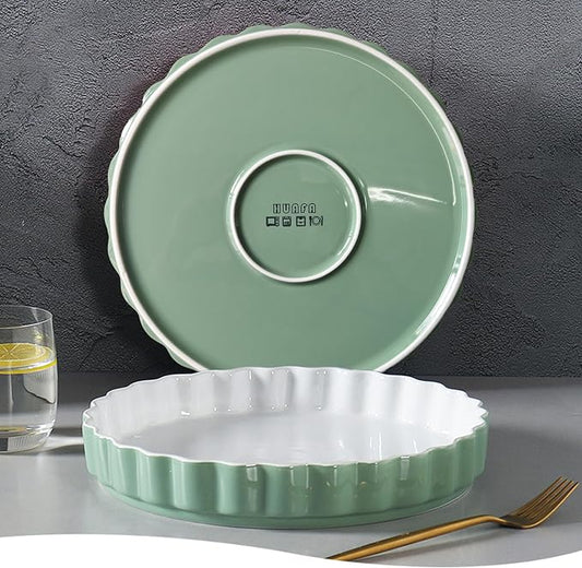 Quiche Baking Dish,Ceramic Pie Pan 11 Inch Reusable,Pizza Pan，Non-Stick Round Tart Pan with Ruffled Edge Microwave Dishwasher and Oven Safe (GREEN)