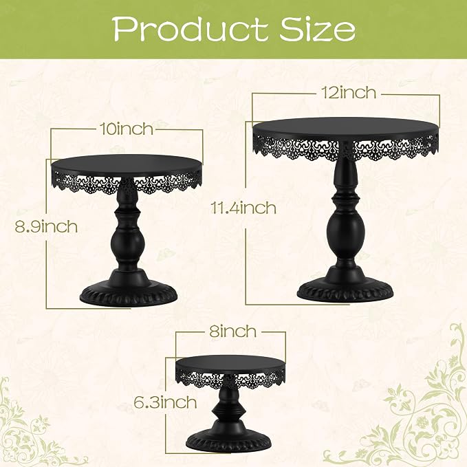 3 PCS Black Cake Stands (8"&10"&12" Plate), Cupcake Stand with a lace Hollow Border Metal Cake Stand Set for Birthday Party, Wedding, Anniversary, Baby Shower