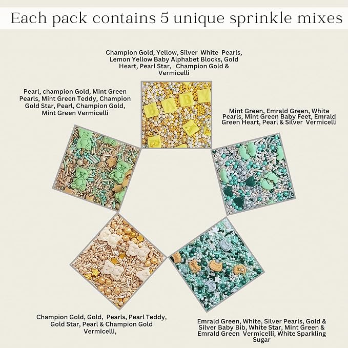 Baby Neutral Shower Sprinkles | Edible Sprinkles for cake & Cupcake Decorations | Assorted Pack of 5 Mix Baby Bib, Start, Heart & Feet Sprinkle | Vegan, Gluten-Free, Nut-Free, Soy-Free, Dairy-Free, Palm Oil-Free - 5 Oz