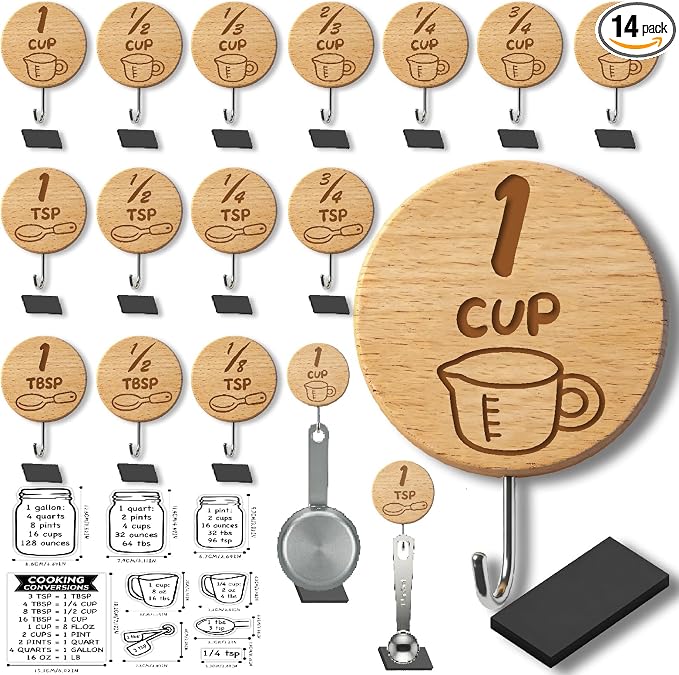 Measuring Cup and Spoon Organizer,14 Pack Adhesive Wood Hooks for Hanging with 2 Kitchen Conversion Chart Stickers,14 Pack adhesive magnetic sheets, measuring cup hooks for inside cabinet door