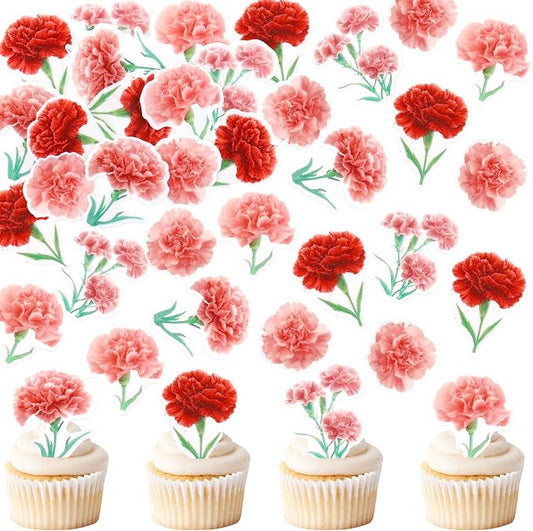 50Pcs Edible Carnation Cupcake Toppers Edible Pink Red Carnations Flower Cupcake Picks for Floral Women Birthday Cupcake Picks Anniversary Party Decorations Floral Mother's Day Cupcake Decorations