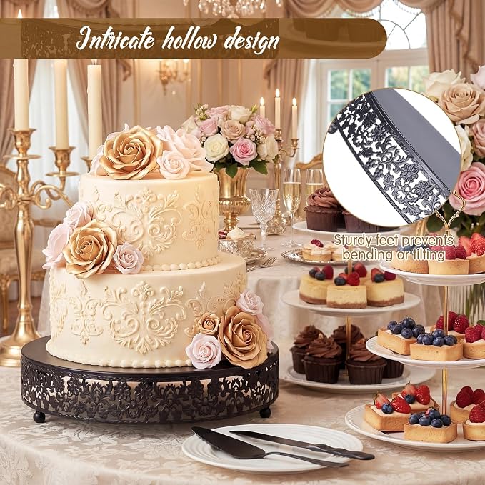 Wenqik 12 Inch Black Cake Stand Set Metal Round Cupcake Dessert Stand with Cake Cutting, Flower Spatula Wedding Cupcake Pastry Display Candy Holder Display for Wedding Party Birthday Baby Shower