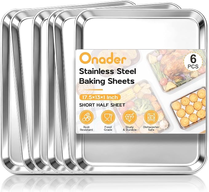 Onader Large Baking Sheet Set of 6, 18 x 13 Inch Stainless Steel Half Sheet Baking Pans for Oven, Commercial Metal Cookie Pan Tray for Roasting Cooking, Mirror Finish & Dishwasher Safe
