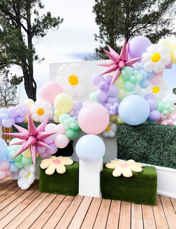 Daisy Balloon Arch Garland Kit - 131 Pcs Pastel Rainbow balloon arch kit with Daisy Balloons, for Birthday Party, Baby Shower, Flower Themed Party Decorations