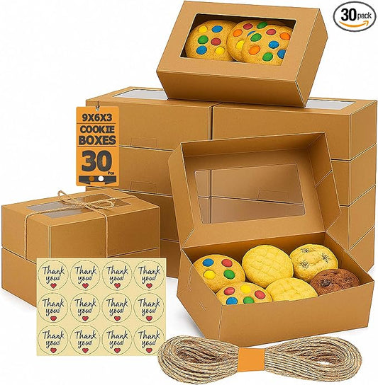 Leafiew 30 Pack Cookie Boxes with Window for Gift Giving – 9x6x3 Inches Bakery Boxes - Small Cookie Containers for Treats, Desserts, Strawberries, Cupcake, Pastry, Charcuterie, Baked Goods (Brown)