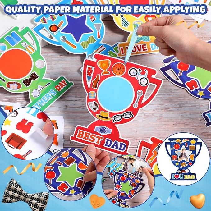 Dianelhall 24 Sets Father's Day Trophy Craft Kits I Love Dad DIY Photo Frame Best Dad Picture Frame Gift with Stickers for Happy Father's Day Decorations Classroom Holiday Party Activities(Trophy)
