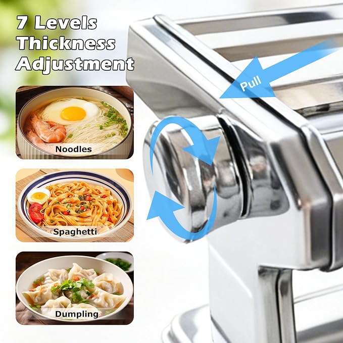 Pasta Maker Machine With 7 Adjustable Thickness Settings, Stainless Steel Manual Noodle Maker,Pasta Roller& Cutters With Removable Handle and Clamp For Kitchen (All-in-One -180)