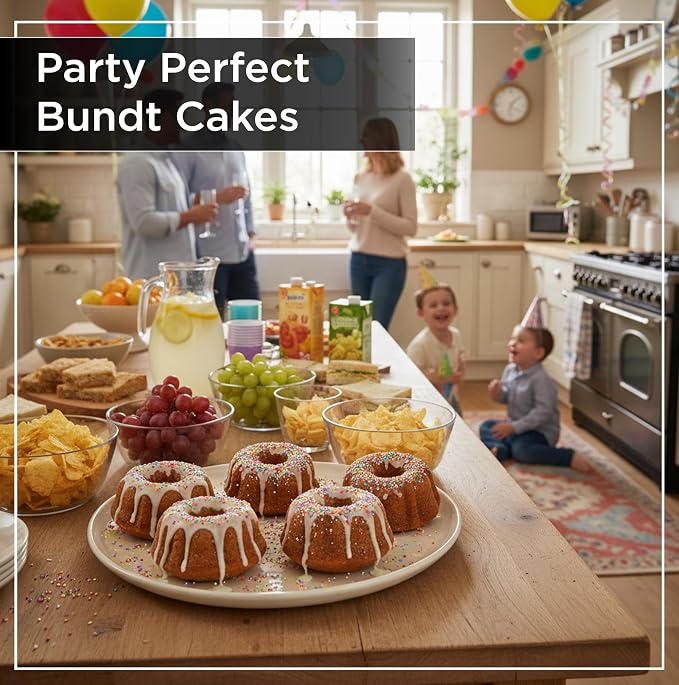 Wrenbury Nonstick Mini Buntz Cake Pan Non Stick for Baking Fluted Cake Tin | 6 Cup Bundlette Tray for Small Cakes - PFOA Free and Dishwasher Safe - 3.75” Cup Width