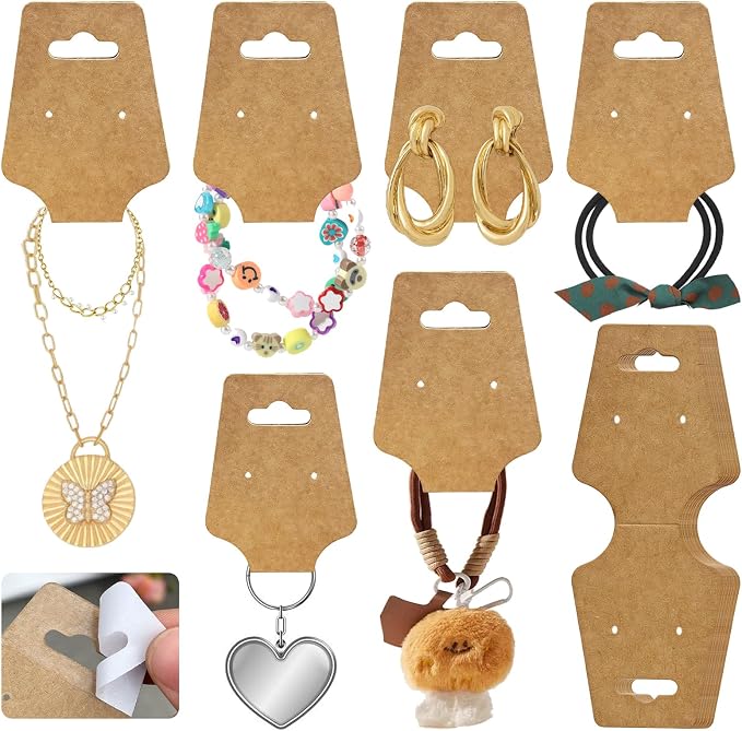 200PCS Bracelet Display Cards Necklace Holder Cards Self Adhesive Jewelry Packaging Selling Card for Small Business (Brown with two earring holes, 1.8x4.7 inches)