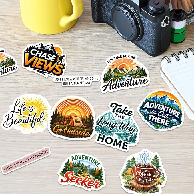 10pcs Adventure Camping Stickers Funny Outdoor Travel Nature Mountain Forest Designs, Gifts for Hikers Campers Multiple Different Design, Waterproof UV-Resistant for Water Bottle, Laptop, Window, Car