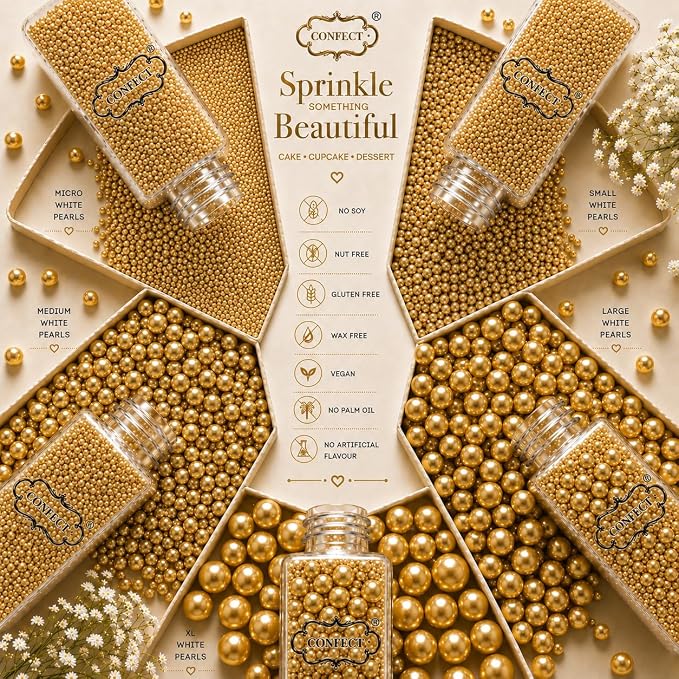 Confect Pearl Sprinkles | Gold Sprinkles for Christmas Cakes & Cupcakes Decoration | Assorted pack of 5 | Sparkling Champange Disco Ball Sprinkle | Mix Gold Pearl Dragees | Vegan, Gluten-Free, Nut-Free, Soy-Free, Dairy-Free, Palm Oil-Free, No Artificia...
