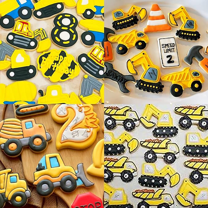 ZADE Construction Theme Bulldozer Cement Mixer Dump Truck Crane Excavator Forklift Train Cookie Cutters Set 8 Pcs Stainless Steel Cookie Biscuit Sandwich Mold Fondant Cutter for Baking