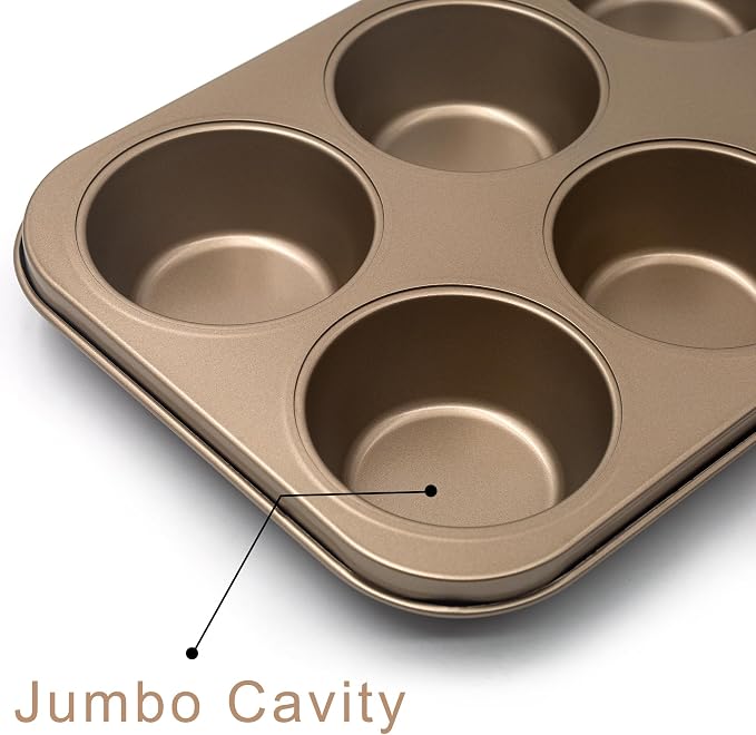 Non-Stick Gold Jumbo Muffin Pans, 6-Cup Set of 2 | Carbon Steel, Spatula Included for Extra-Large Muffins & Cupcakes