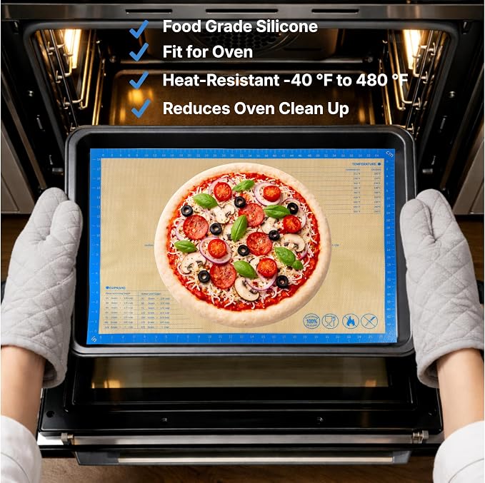 Silicone Pastry Mat with Measurements, 26 x 16 Inch Extra Thick Non-Slip Nonstick Large Baking Mat for Dough Rolling, Kneading, Fondant and Pie, Blue