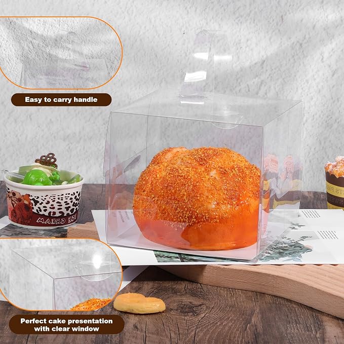 20Pcs Transparent Bakery Boxes with Handles, Mini Clear 5in 6in Cake Boxes,Clear gift box,Treat Box for Cake Chocolate Donut,Pastries,Cookies(6x6x5 in)