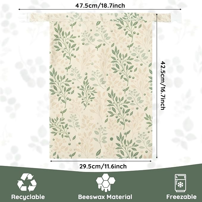 Reusable Beeswax Bread Bags - 2 Pack Bees Wax Food Bag, Homemade Sourdough Bread Storage, 2-in-1 Linen Cotton Large Freezer Container Home Baking Accessories with Lining (Green Leaf)