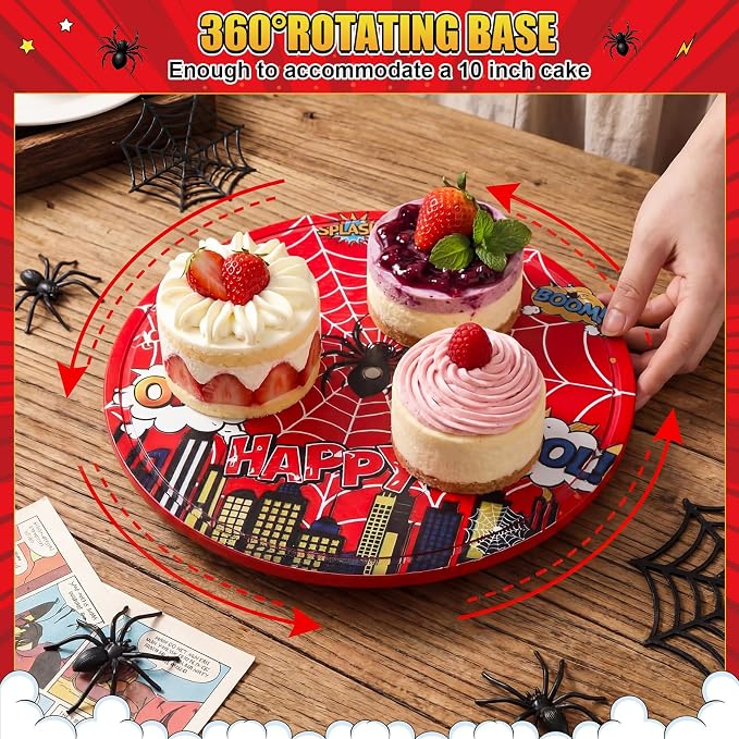 11 Inch Spider Rotating Cake Stand, Spider Party Cupcake Dessert Display with Non-Slip Base Round Spinning Cake Holder Charcuterie Board Server Tray for Party Wedding Birthday