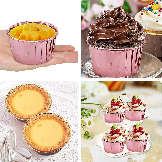 Foil Cupcake Liners Baking Cups With Lids 100 Pack,LNYZQUS 5.5 Oz Large Cupcake Tins Muffin Cups,Disposable Ramekins With Lids,Cupcake Wrappers Holders For Wedding Bakery,with Spoons-Rose Gold
