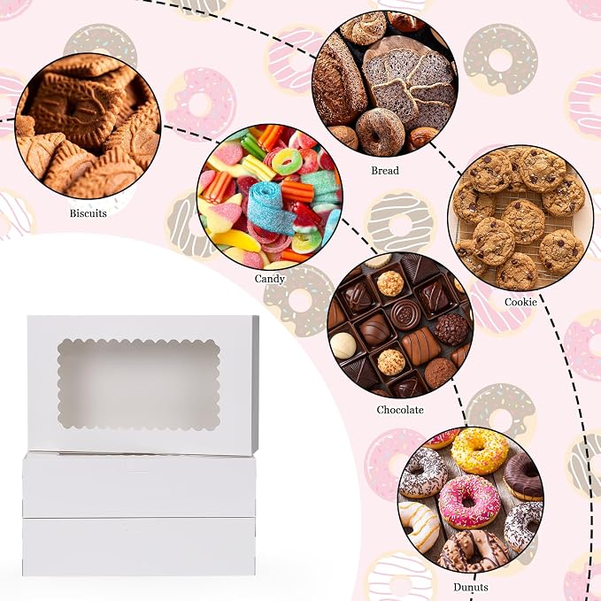 24 Pack Bakery Boxes,10x6x2.5 Inches Cookie Boxes with Window for Gift Giving, White Treat Packaging Boxes for Pies, Treats, Chocolate, Muffins, Donuts, Pastries, Cupcakes