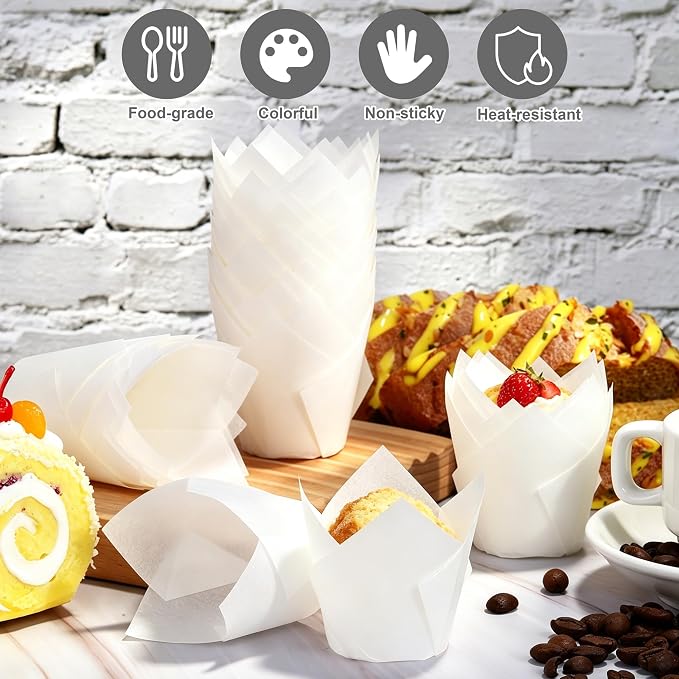 Ruisita 150 Pcs Mini Cupcake Liners Muffin Liners Baking Cups | Tulip Cupcake Liner for Baking Wedding, Birthday, Baby Shower Parties, White