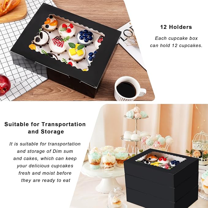 Hoewina 12PCS Cupcake Boxes - Hold 12 Count Cupcake Containers with Window, Food Grade Cupcake Holder Easy Transport and Presentation - Ideal for Cupcakes, Desserts, and More (Black)