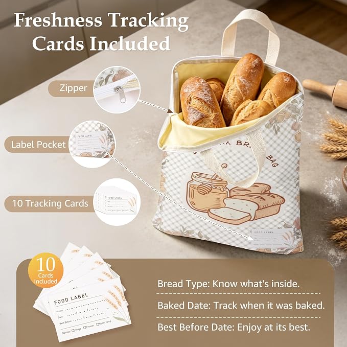 2 Pack Beeswax Bread Bags for Sourdough, 17x13 Inch Reusable Cotton Bread Storage Bags with Zipper and Handle Natural Beeswax Lining Freezer Friendly with 10 Food Labels Included (Floral Honeycomb)