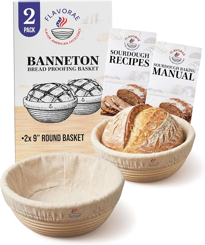 Banneton Bread Proofing Basket with Liners - Natural Rattan Dough Riser, Sourdough Bread Basket, Artisan Bread Loaves, Homemade Bread Making - 2 Pack 9 " Round Basket