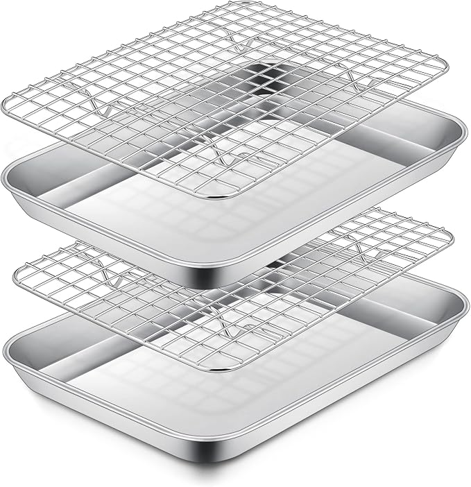 P&P CHEF 9 Inch Toaster Oven Pan with Rack Set, Stainless Steel Baking Pan Tray and Grid Cooling Rack for Cooking/Roasting, Dishwasher Safe & Easy to Clean, Non-toxic & Sturdy, (4Pcs)