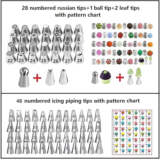 Russian Piping Tips Set, 193 Pcs Baking Supplies | 28 Numbered Russian Tips, 48 Numbered Icing Tips, 1 Ball Tip, 2 Leaf Tips, 100 Pastry Bags & More for Cake Cupcake Decorating